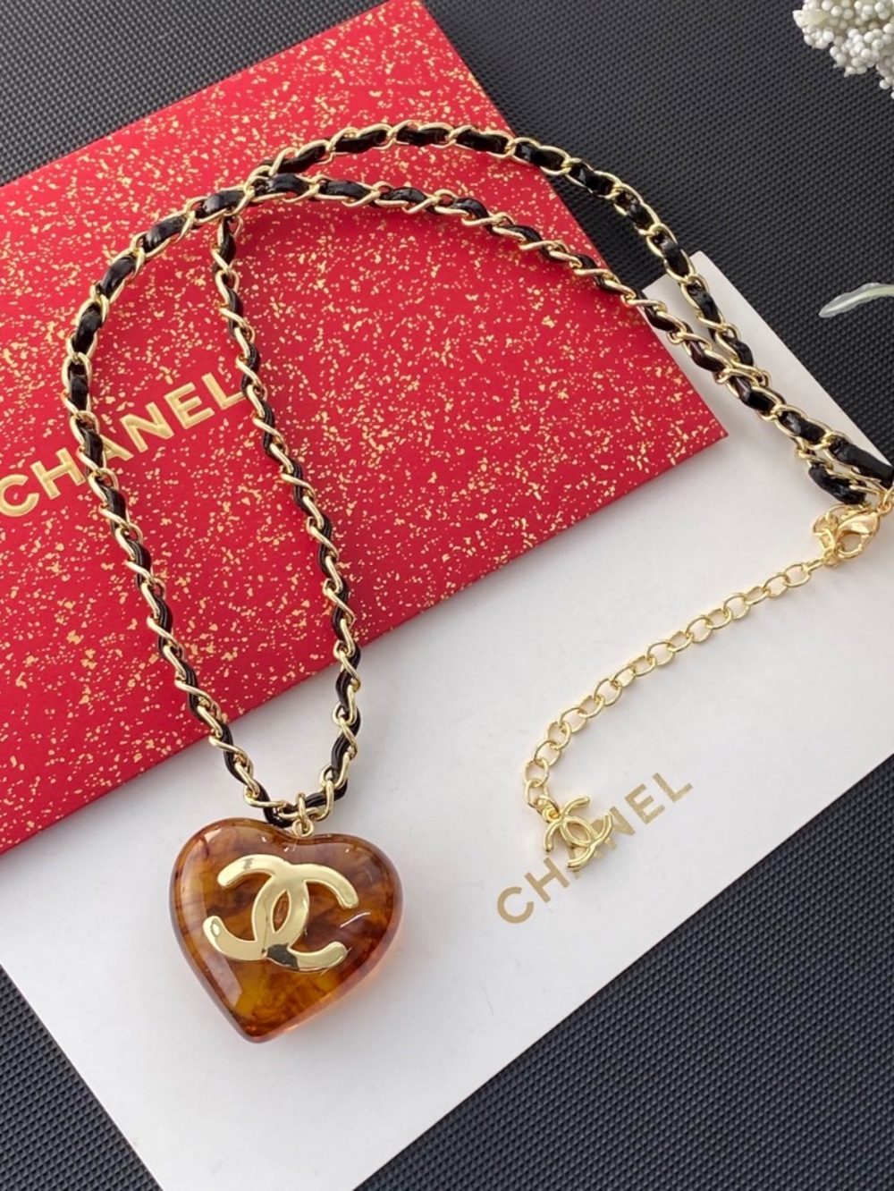 Double C Designer Amber Heart Letter Logo Necklace